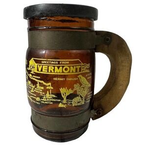 Siesta Ware Vermont Tourist Amber Brown Glass Pepper Shaker Graphic Wood Handle